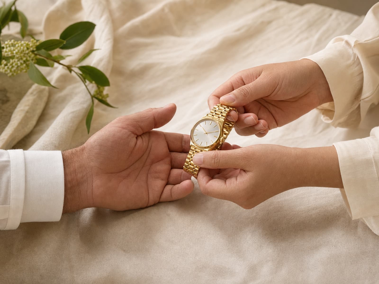 Mains échangeant une montre en or au-dessus d'un drap de lin