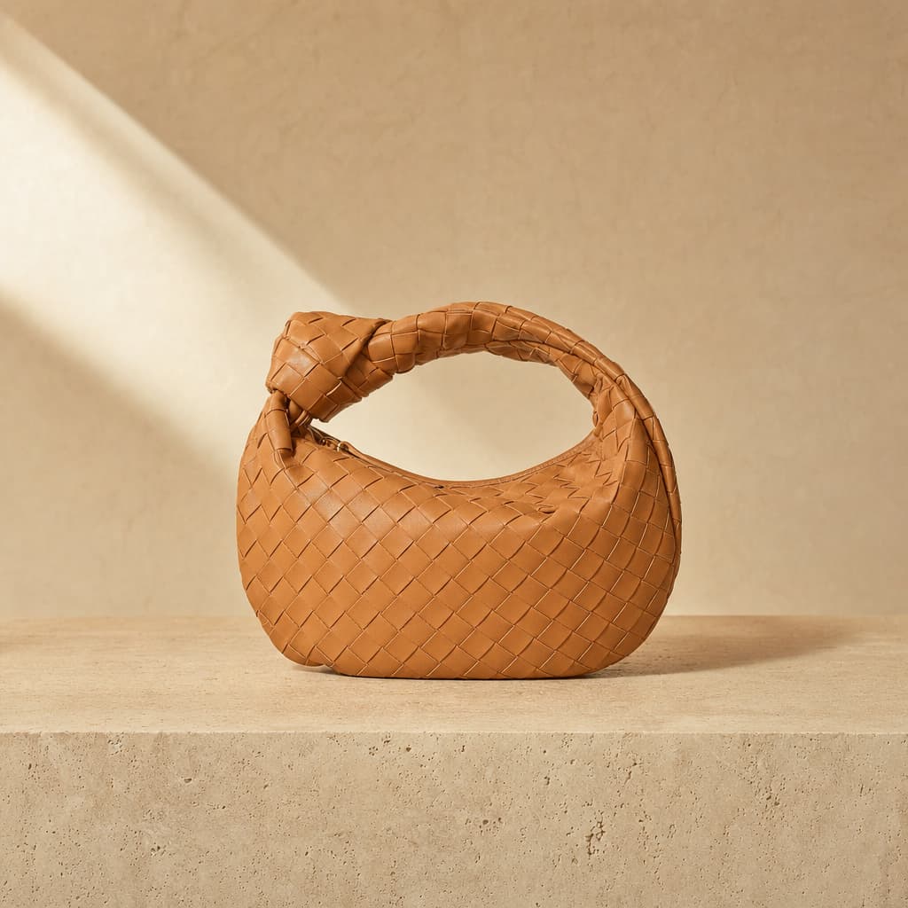 Sac Bottega Veneta en cuir Intrecciato posé sur un fond minéral clair