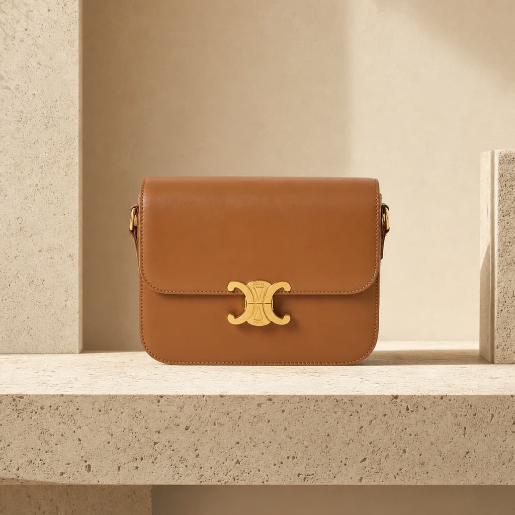 Sac Celine en cuir posé sur un fond minéral clair