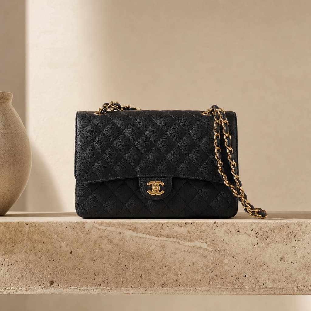 Sac Chanel matelassé posé sur un fond minéral clair
