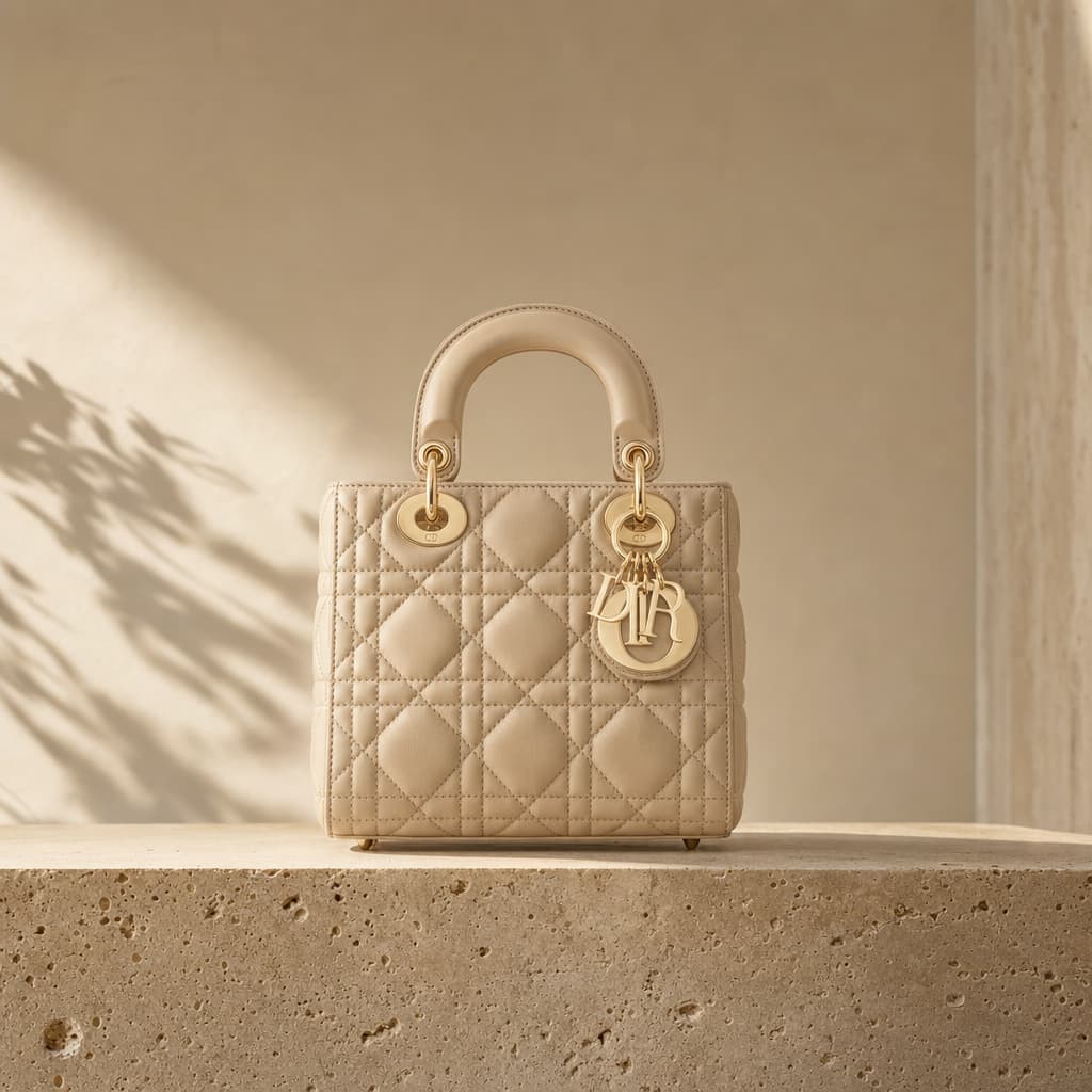 Sac Dior en cuir cannage posé sur un fond minéral clair