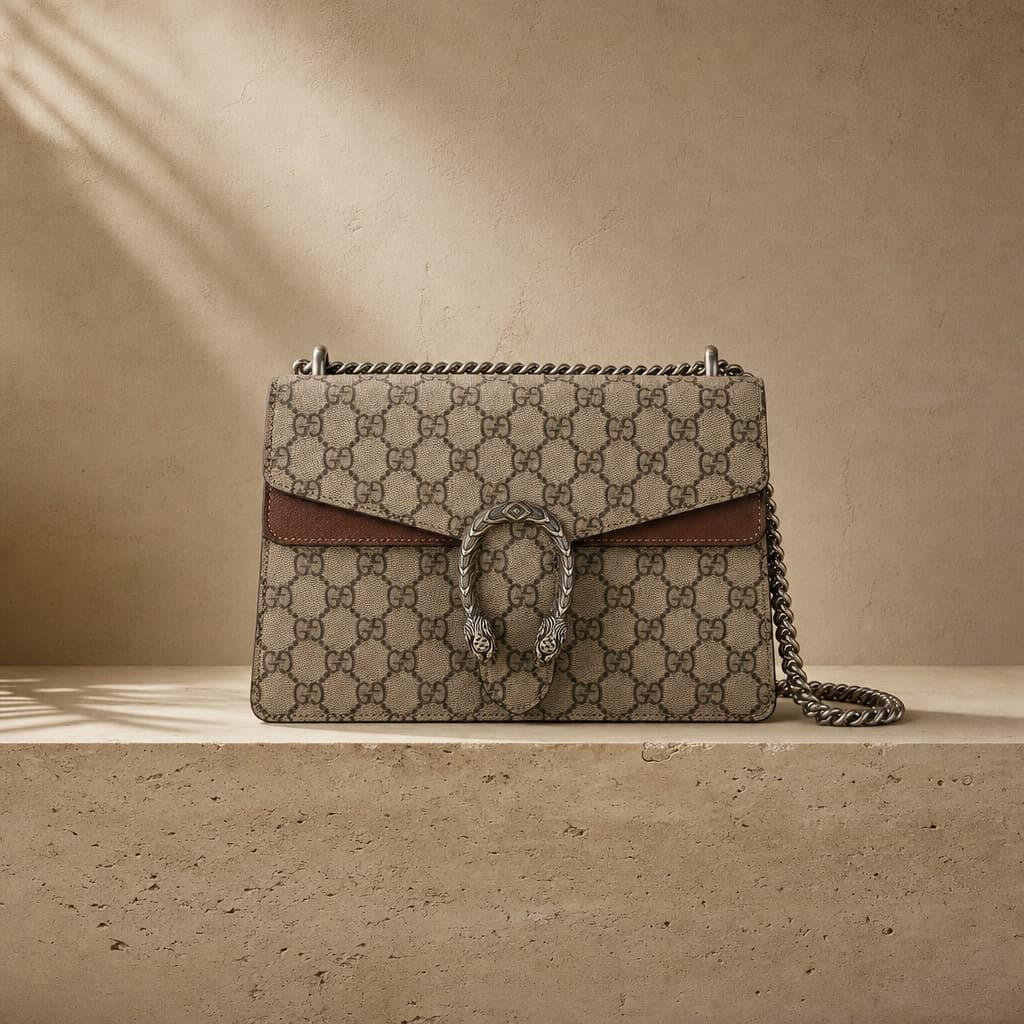Sac Gucci posé sur un fond minéral clair
