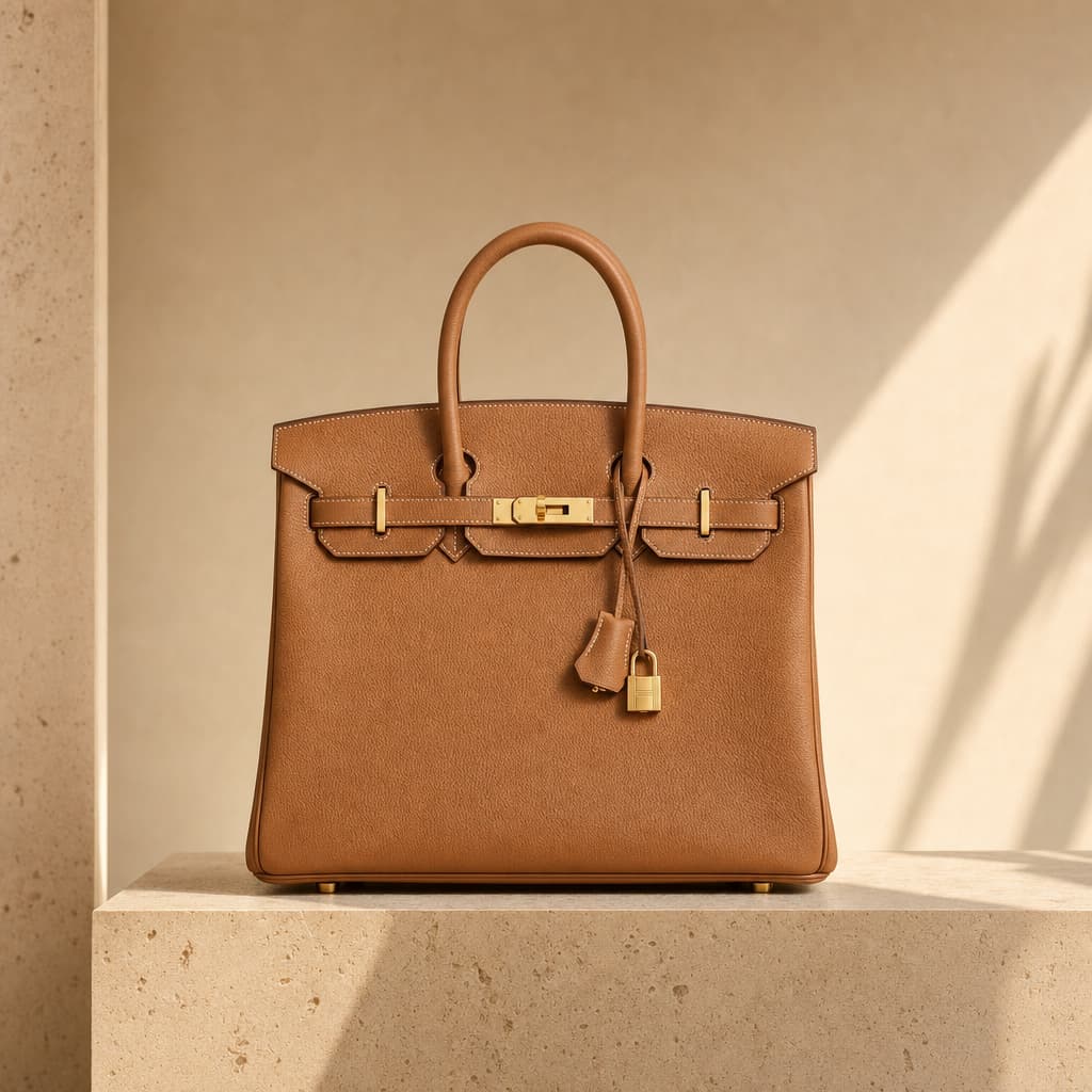 Sac Hermès en cuir grainé présenté sur socle, prêt pour expertise