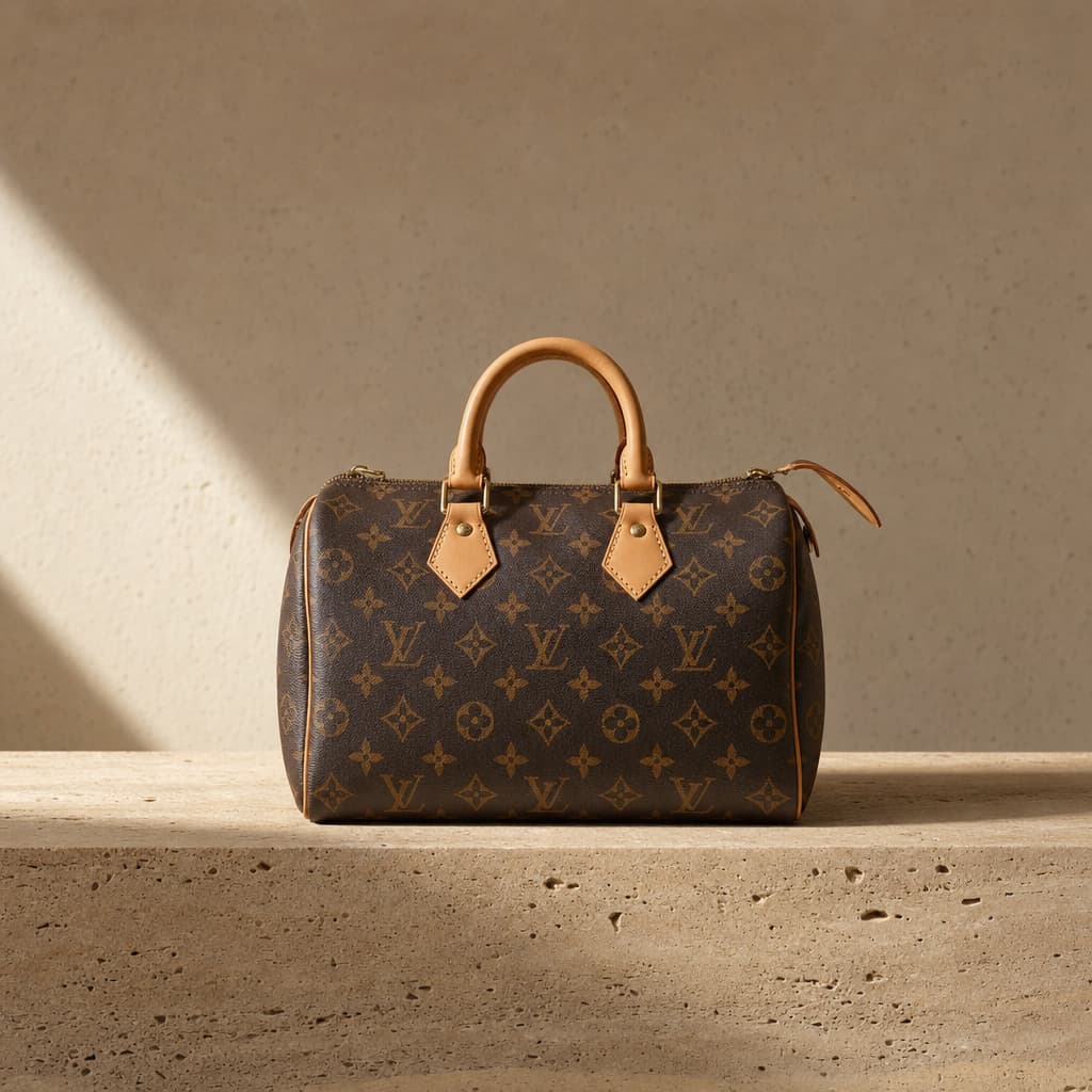 Sacs Louis Vuitton en toile Monogram posés sur un fond minéral clair