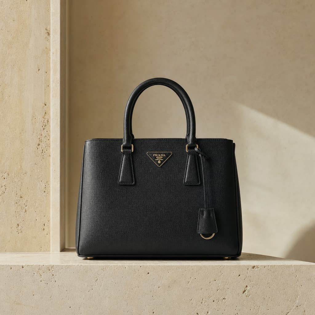 Sac Prada en cuir Saffiano posé sur un fond minéral clair