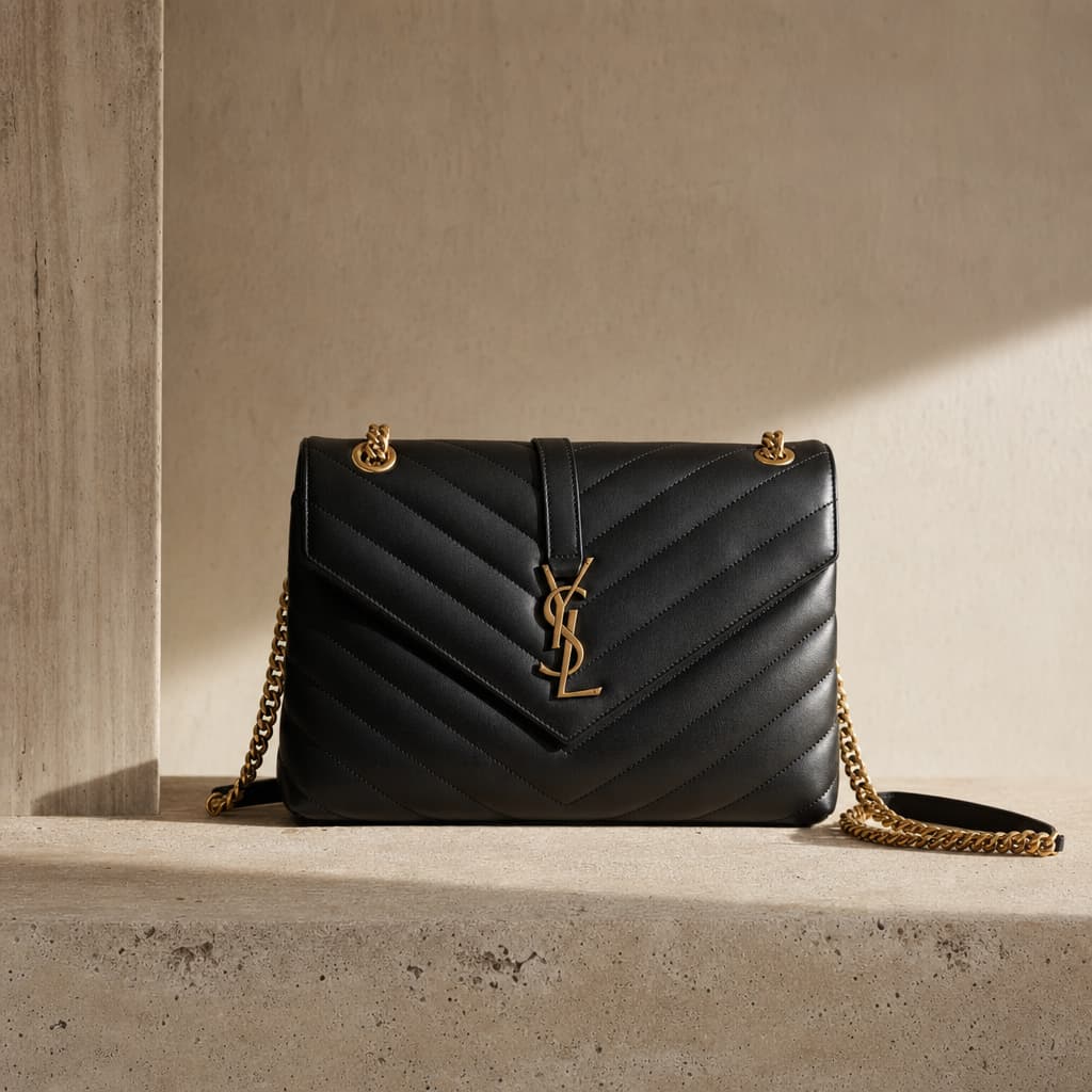 Sac Saint Laurent posé sur un fond minéral clair